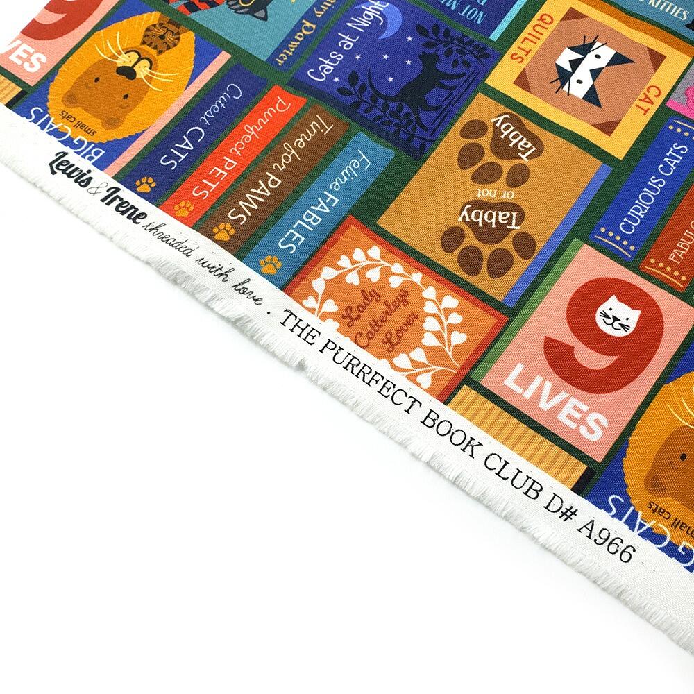 Lewis & Irene fabric, purrrfect book club, bookshelf fabric, cats and books