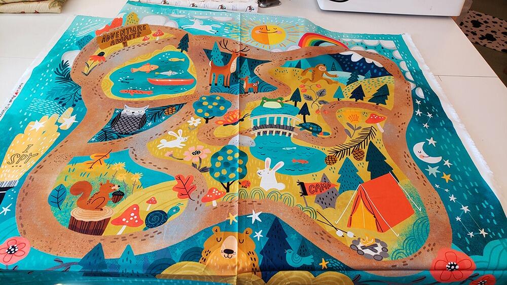 Let's camp playmat panel, cut & sew soft toys, forest animal toys, camping fabric, deer and mountains, Cynthia Frenette