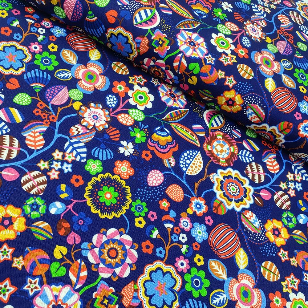 Primavera, Sholto Drumlanrig, pen & Ink fabric, tree flower, ecru, navy, colourful floral fabric