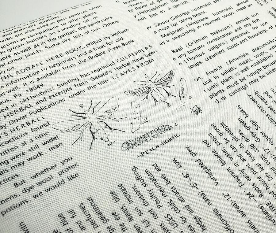 Summer's End, gardening text fabric, plants, herbs, book fabric, junk journal text fabric, slow stitch