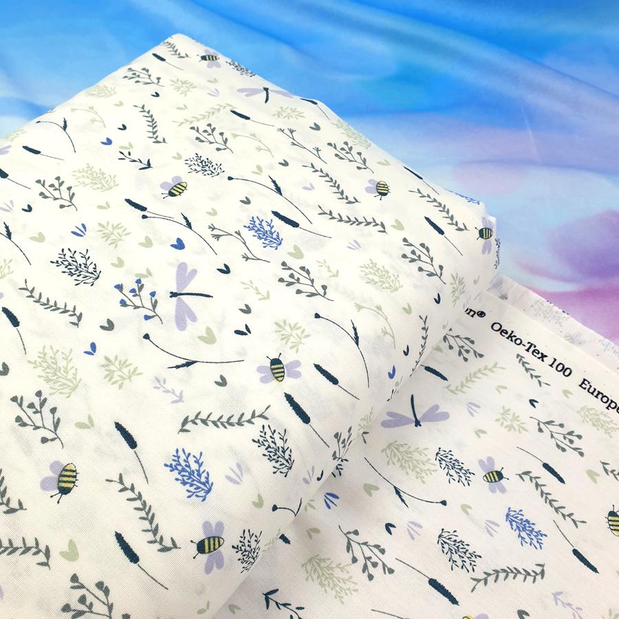 Bees cotton fabric, dragonflies cotton fabric, bees wildflowers cotton fabric