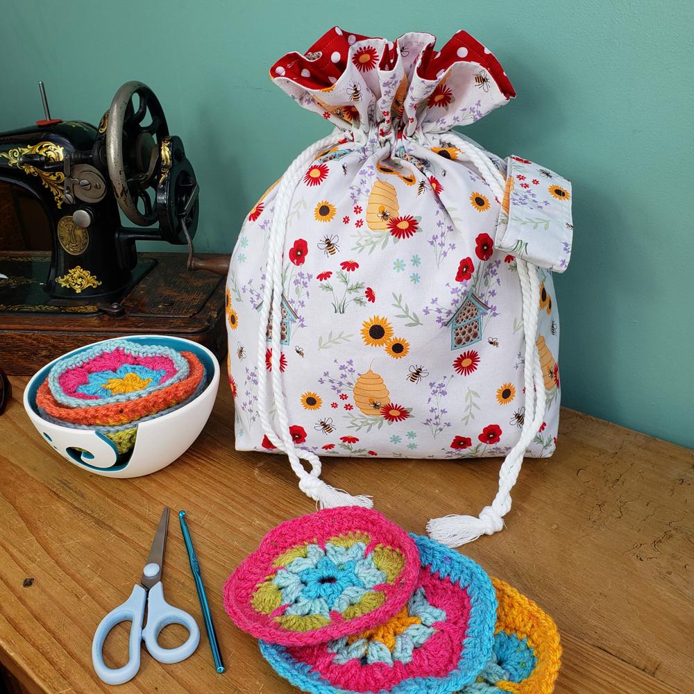 drawstring bag, crochet, craft,travel, bees,plants,butterflies,flowers,handmade
