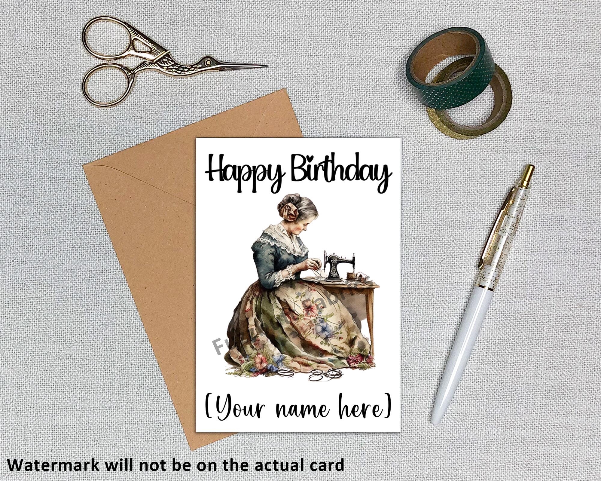 sewing themed greetings card, grandma, vintage sewing machine, uk, fabrics, quilting, sewing, personalised