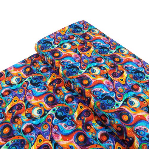 QT fabrics, bedazzled, swirls, abstract, modern art, purple, orange, textile art