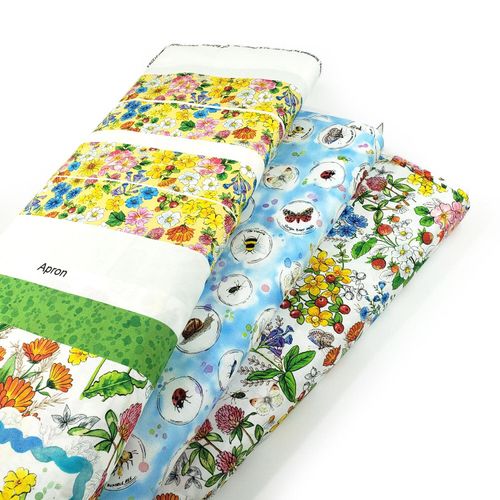 Healing Garden, 3 wishes fabric, apron panel, easy sew apron, flowers, ladybirds fabric, painted garden