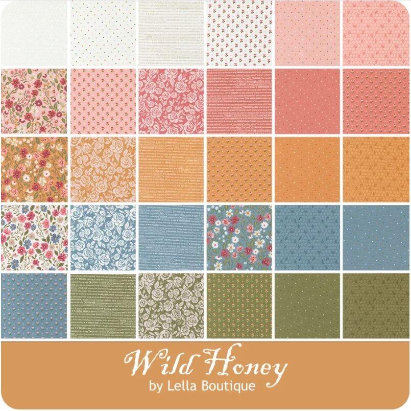 Moda charm pack Lella Boutique Wild Honey floral, bee fabric, honeycombs, charm pack, 5 inch squares, easy quilt squares