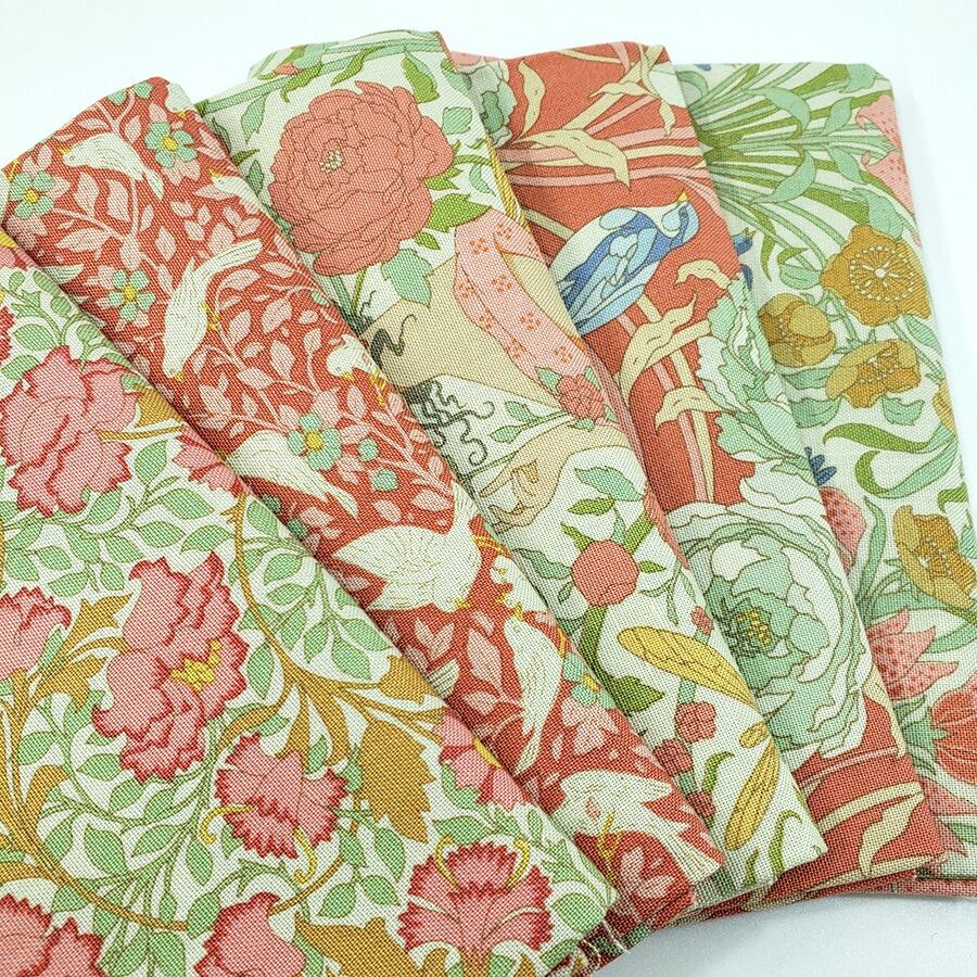 tilda fat quarters, songbird, floral, birds, art noveau fabric, elegance, coral, yellow, green, blue