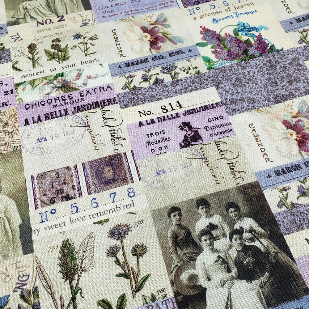vintage collage, Tim Holtz fat quarter, palette, junk journal fabric, slow stitch, vintage style, eclectic elements, monochrome, abandoned, PWTH300
