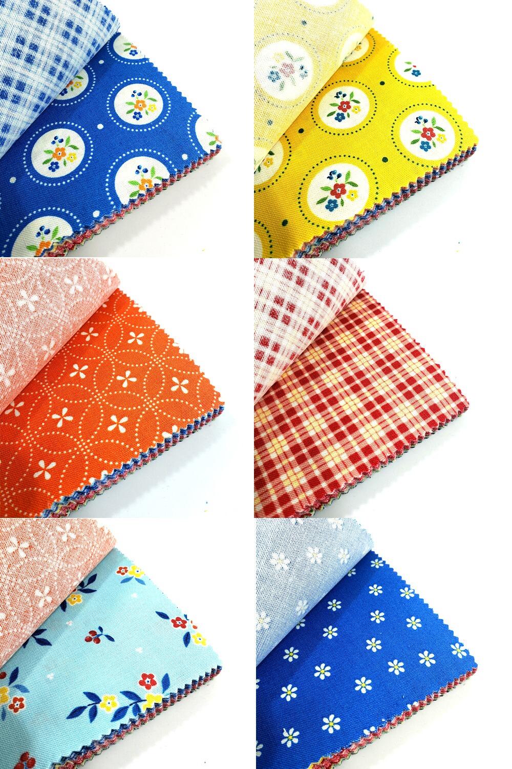 riley blake charm pack, sandy gervais, summer's in town, easy patchwork fabric, retro prints, primary colours, 5 inch squares