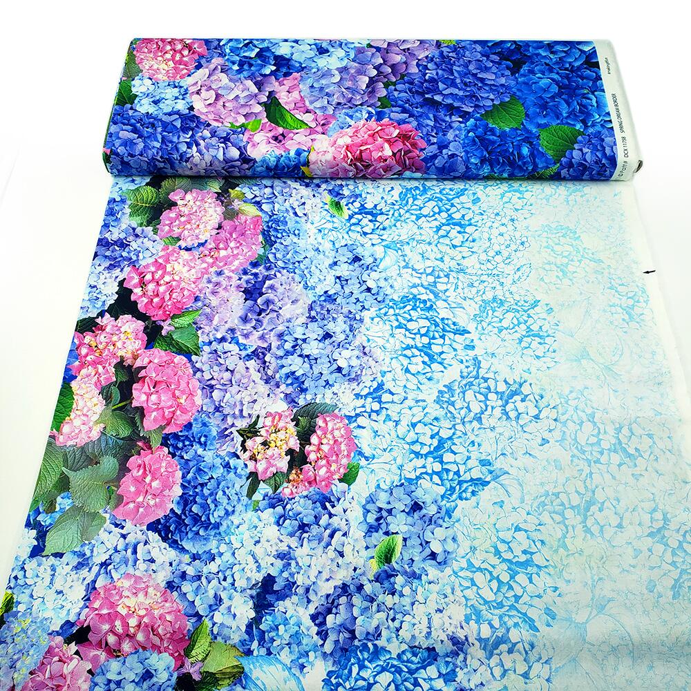 Spring Dream hydrangea border, Michael Miller, bees, flowers fabric, cotton, florals
