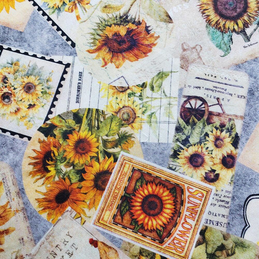 sunflower fabric, vintage fees, sunflower serenade, QT fabrics, vintage seed packets, ephemera, old postcards