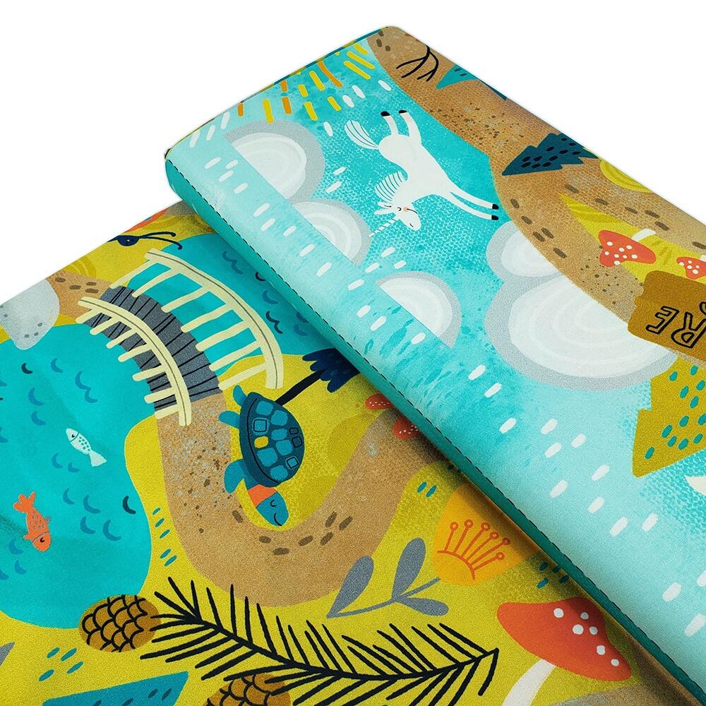Let's camp playmat panel, cut & sew soft toys, forest animal toys, camping fabric, deer and mountains, Cynthia Frenette