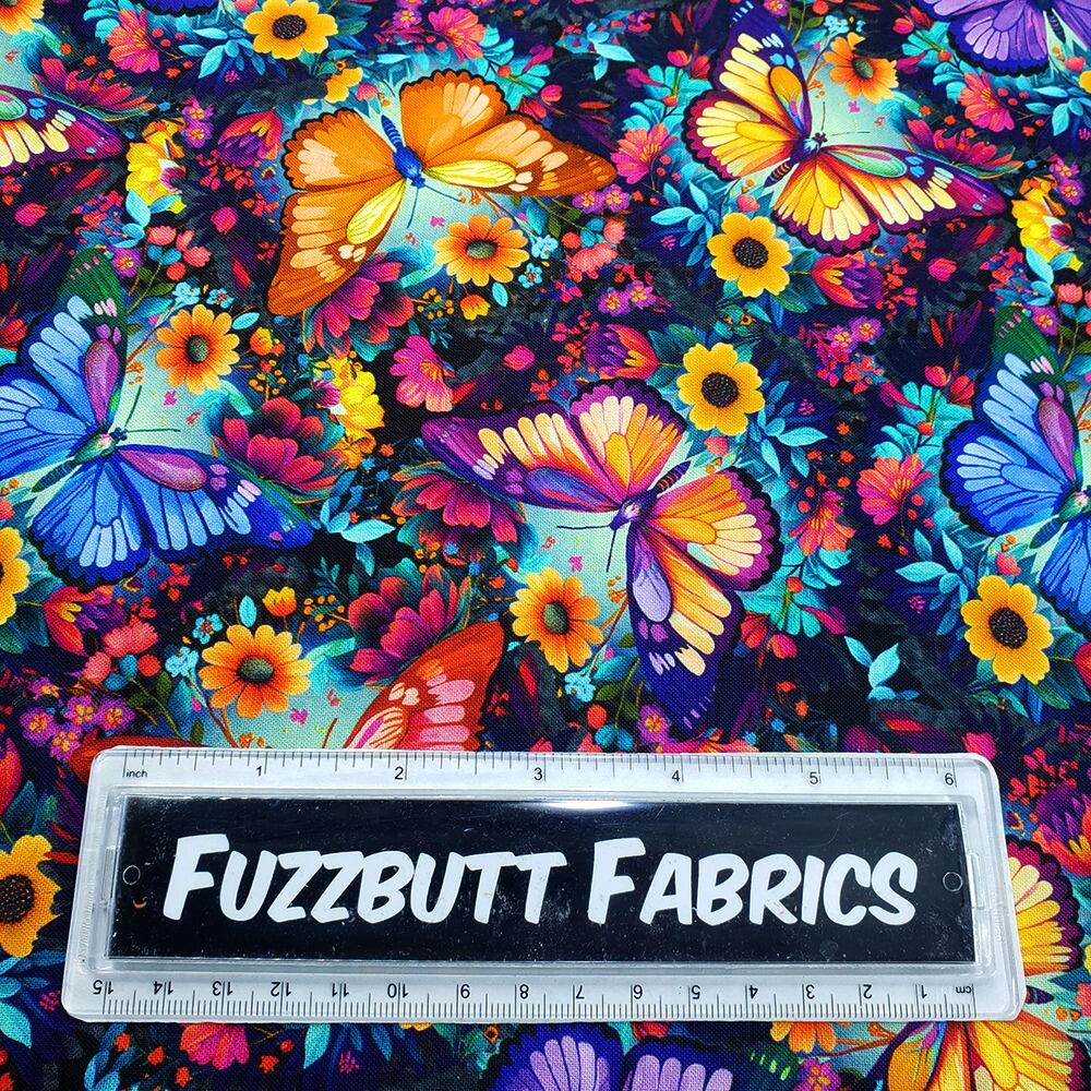 blank quilting, luminous haven, dragonflies, bees, flowers, fabric panel, bright colours, hummingbirds, bees