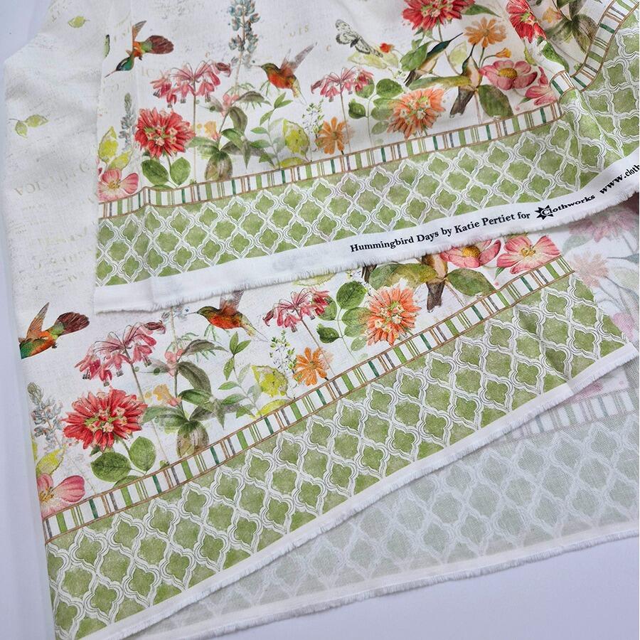Katie Pertiet, hummingbird days, watercolour flowers, butterflies, hummingbirds 1005 cotton, placemats fabric, easy sew placemats