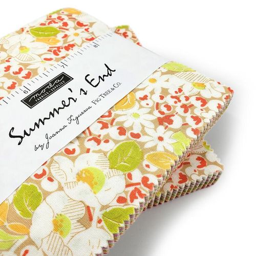 summers end, pastel charm pack, joanne figuera, fig tree fabric, moda charm pack fabric with text on, floral fabric squares