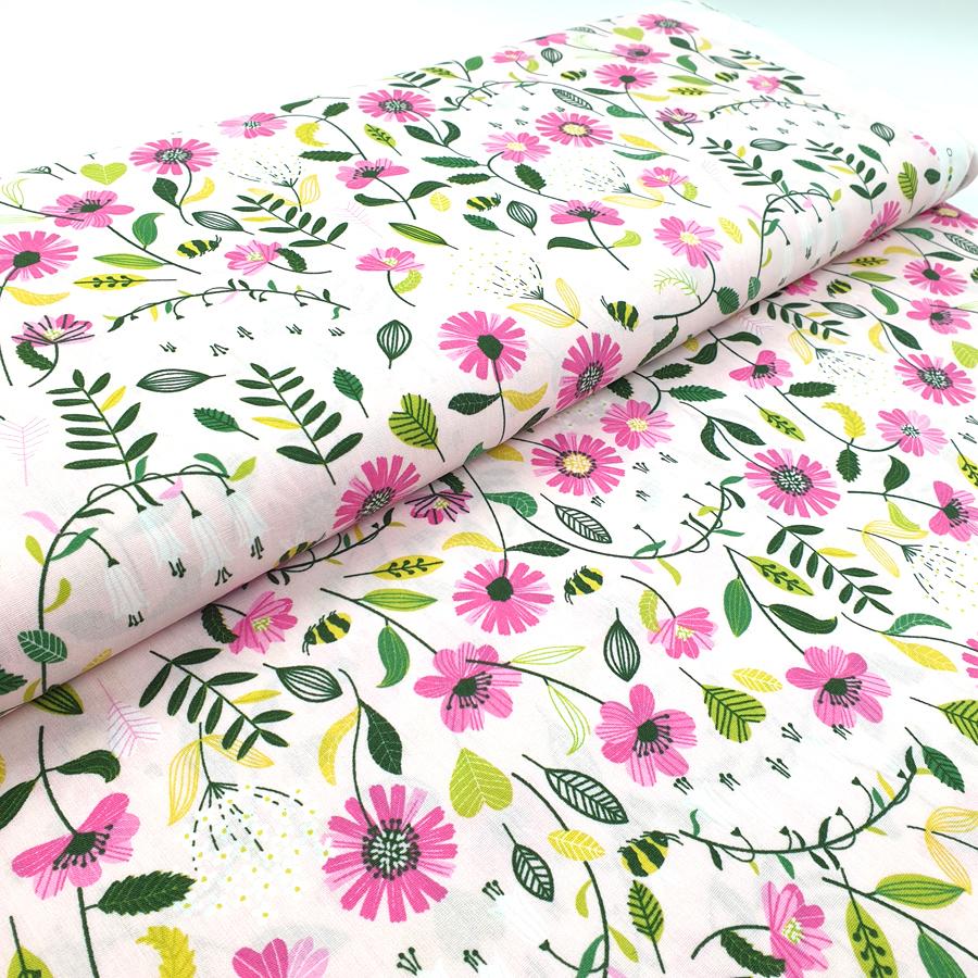 Pink wildflowers 100% cotton fabric