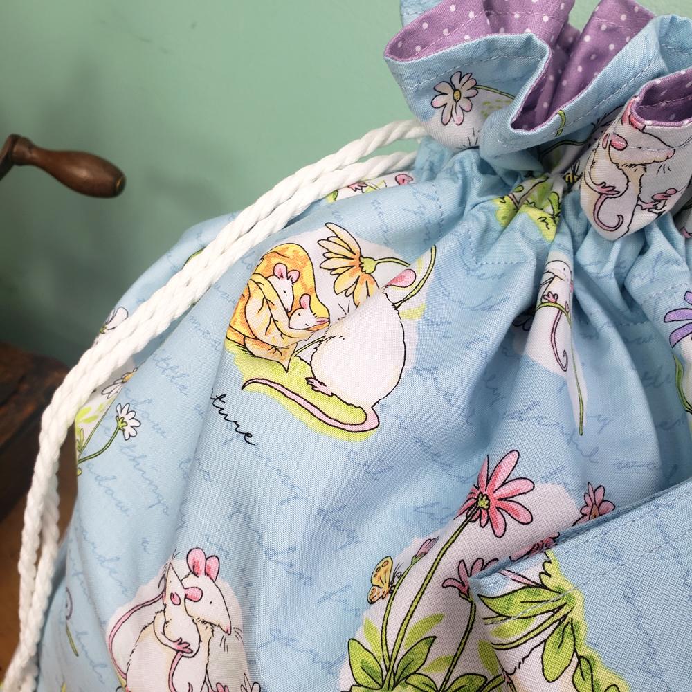 drawstring bag,anita jeram, daisy,mice,cute,flowers,yellow,blue,lilac