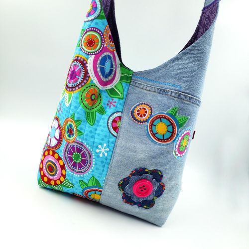 FuzzBag upcycled bag, daisy talk, blue,vivid,colourful,boho,festival,handbag