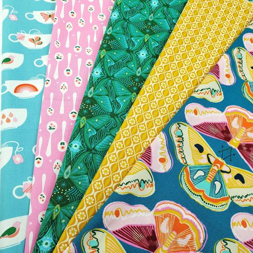fat quarters,bundle,ruby star society,camellia,curio,moths,butterflies,yellow,teal,teaspoons,kitsch,vintage teacups,melody miller,retro,bags, quilts