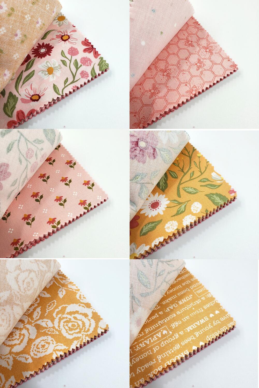 Moda charm pack Lella Boutique Wild Honey floral, bee fabric, honeycombs, charm pack, 5 inch squares, easy quilt squares