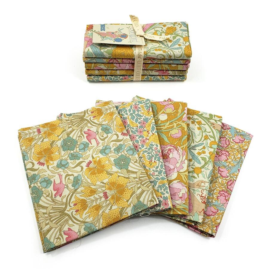 tilda fat quarters, songbird, floral, birds, art noveau fabric, elegance, coral, yellow, green, blue