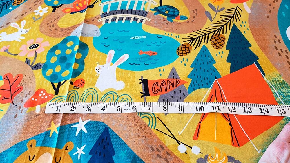 Let's camp playmat panel, cut & sew soft toys, forest animal toys, camping fabric, deer and mountains, Cynthia Frenette