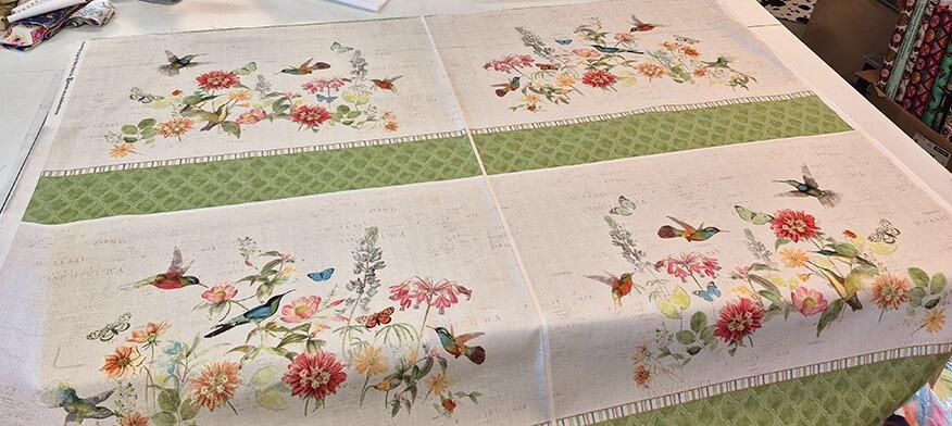 Katie Pertiet, hummingbird days, watercolour flowers, butterflies, hummingbirds 1005 cotton, placemats fabric, easy sew placemats