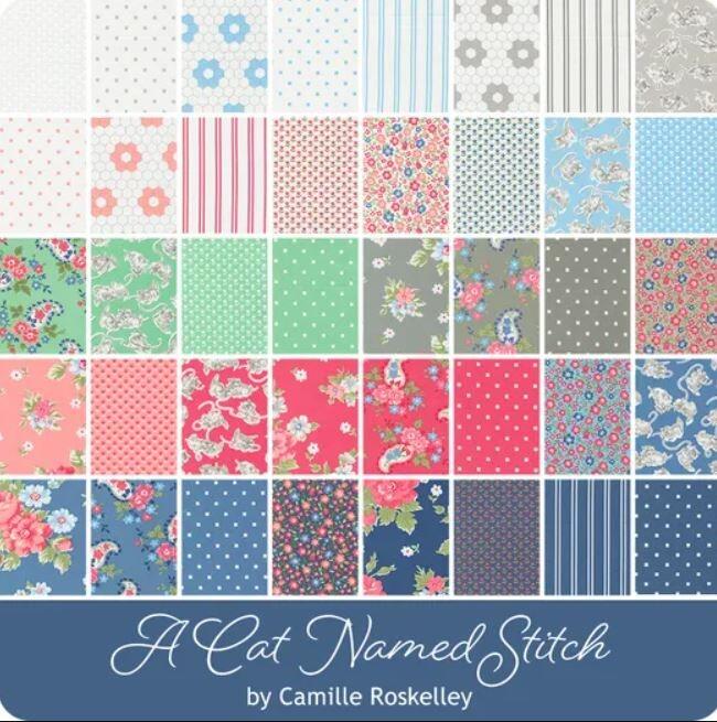 Moda, a cat named stitch charm pack, pastel floral fabric, cottagecore, roses, squares for patchwork, cotton, easy quilting, precut squares,charm pack, camille roskelly