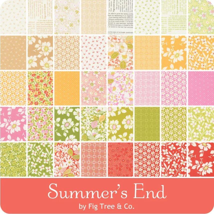 summers end, pastel charm pack, joanne figuera, fig tree fabric, moda charm pack fabric with text on, floral fabric squares