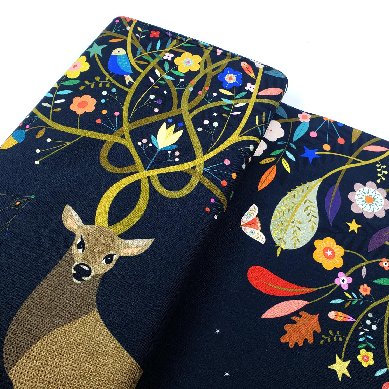 Dashwood,tree of life,stag,antlers,panel,birds,flowers,large,quilt,dress,gold,black,cotton