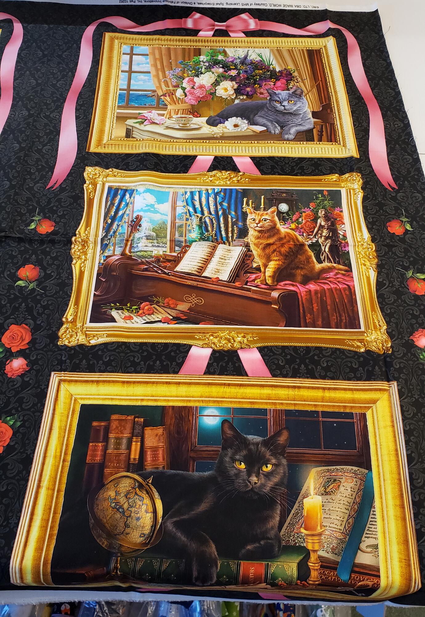cat fabric,sykel,madame victoria,cat panel,vintage, antique,posh,black,gold,frames,black cat