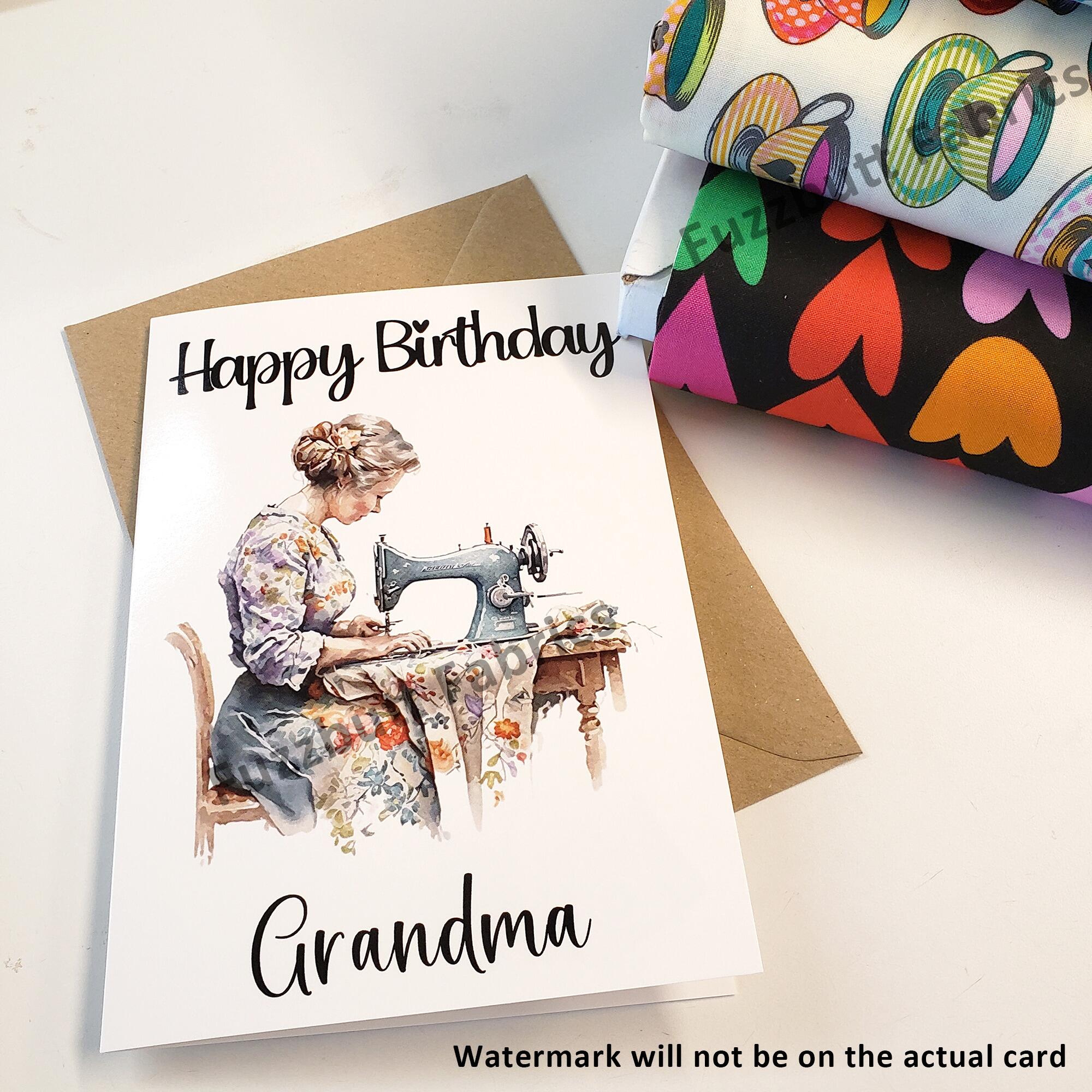 sewing themed greetings card, grandma, vintage sewing machine, uk, fabrics, quilting, sewing
