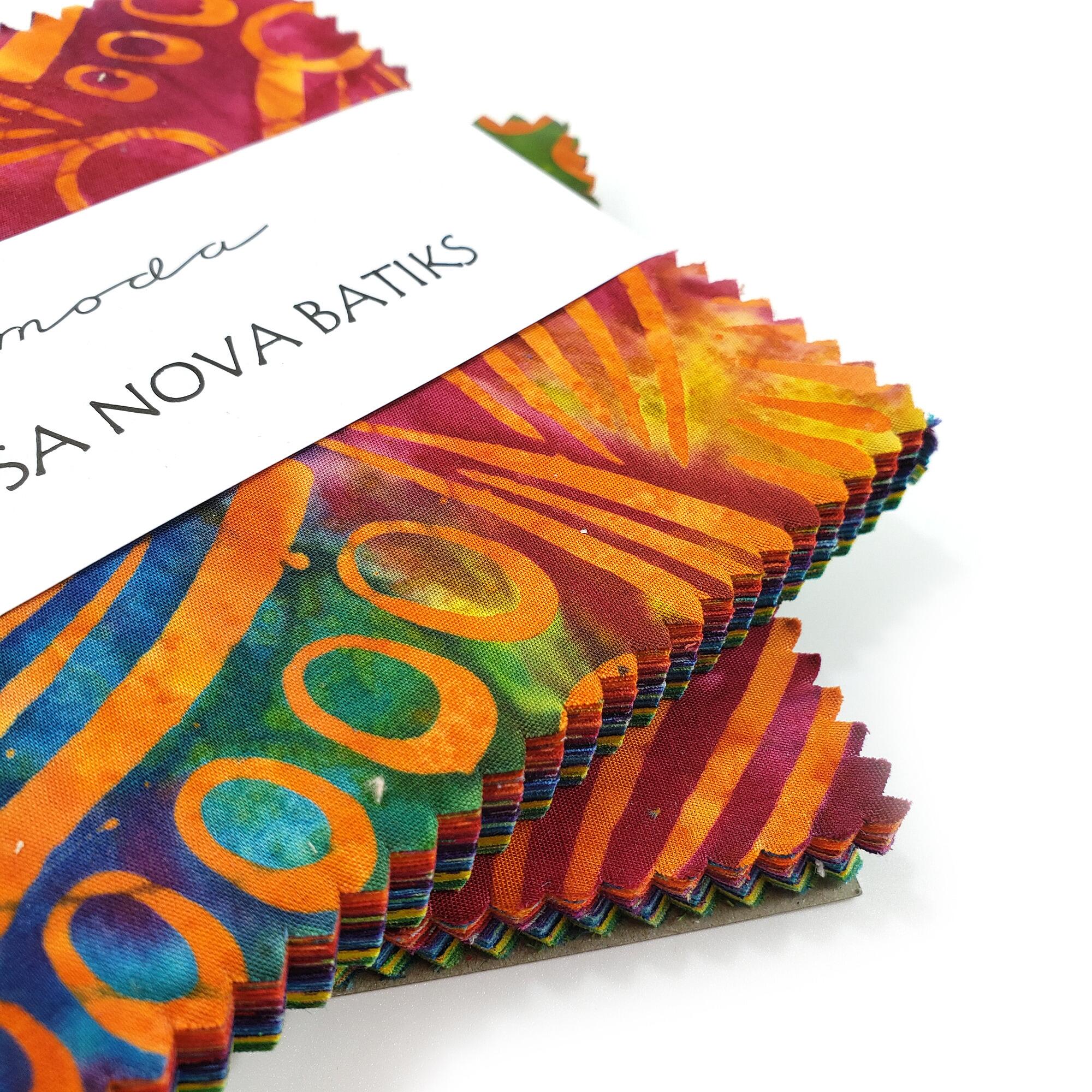 Moda bossa nova, batik cotton squares, batik squares, stars within quilt, jordan fabrics, orange, blue,green,yellow, charm pack