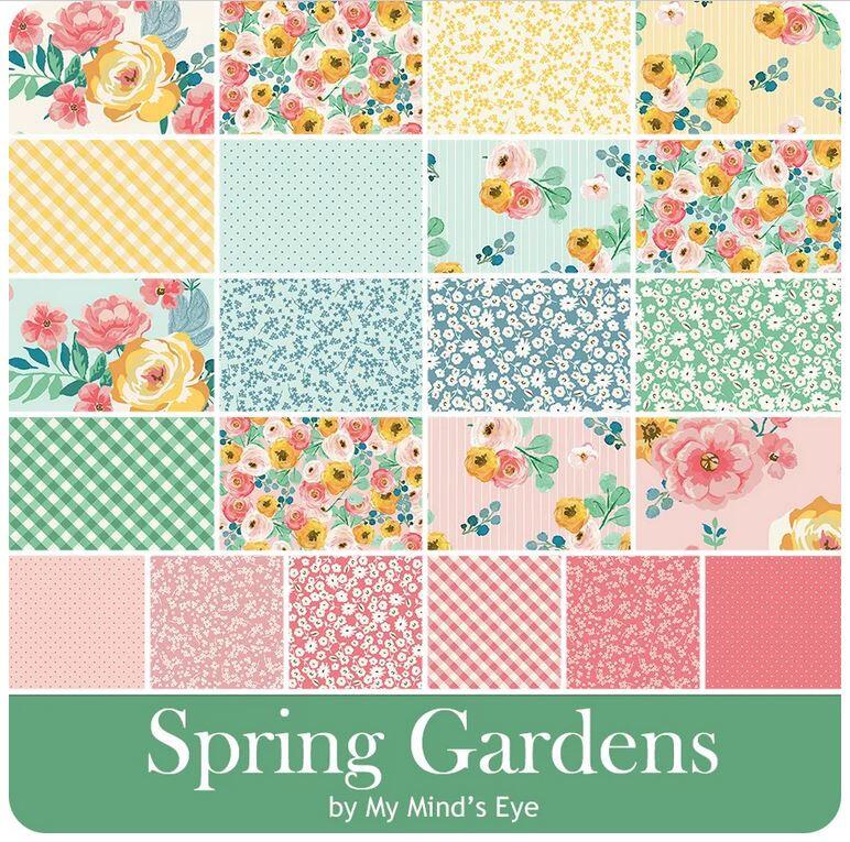 charm pack,stacker,riley blake, spring gardens,flowers,roses,floral fabric,patchwork squares,precut squares