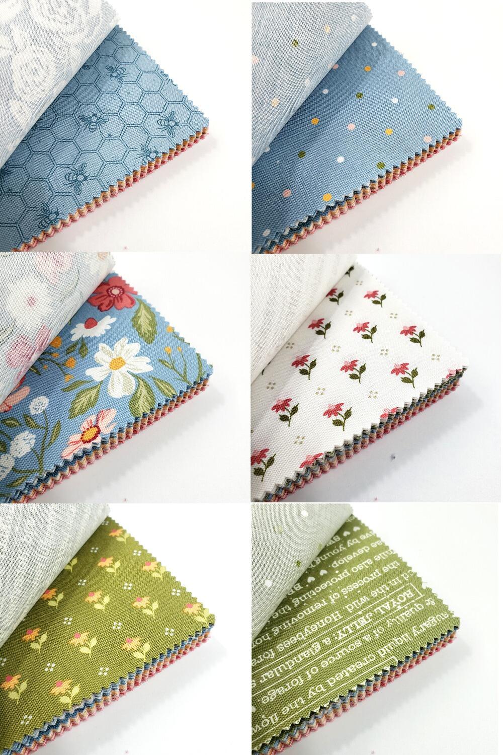 Moda charm pack Lella Boutique Wild Honey floral, bee fabric, honeycombs, charm pack, 5 inch squares, easy quilt squares