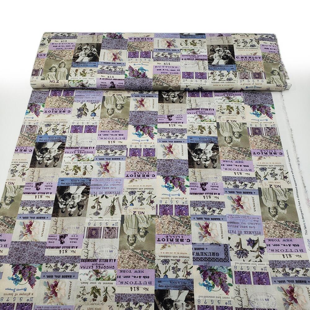 vintage collage, Tim Holtz fat quarter, palette, junk journal fabric, slow stitch, vintage style, eclectic elements, monochrome, abandoned, PWTH300