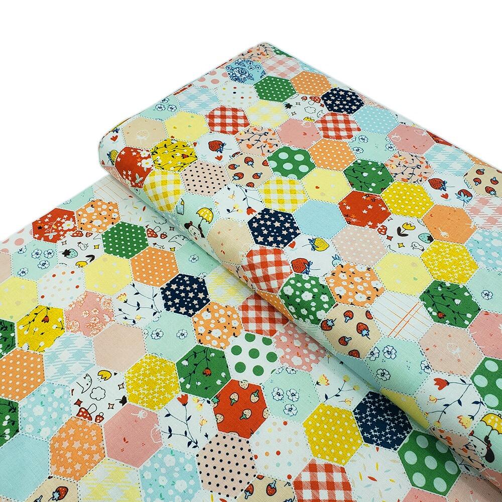 fake patchwork print, cheater print, riley blake, minki kim, serendipity, hexie quilt, easy patchwork fabric