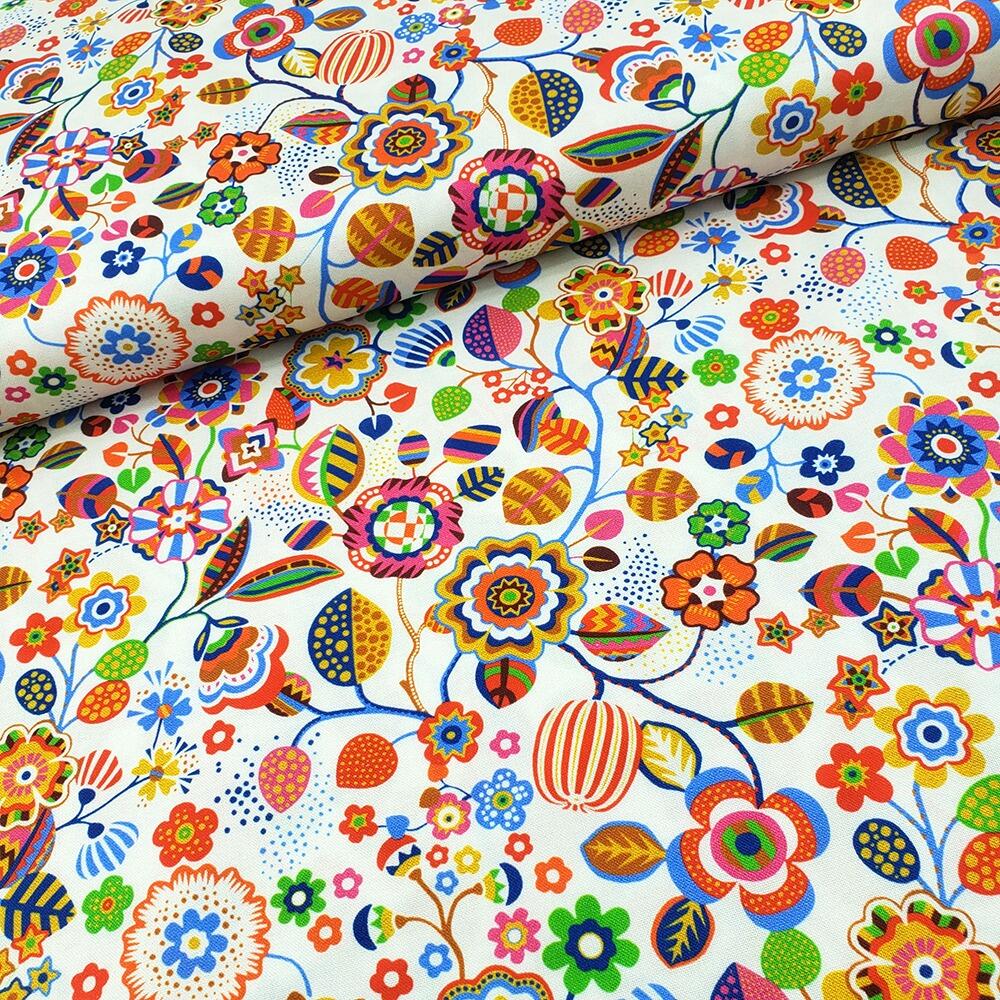 Primavera, Sholto Drumlanrig, pen & Ink fabric, tree flower, ecru, navy, colourful floral fabric