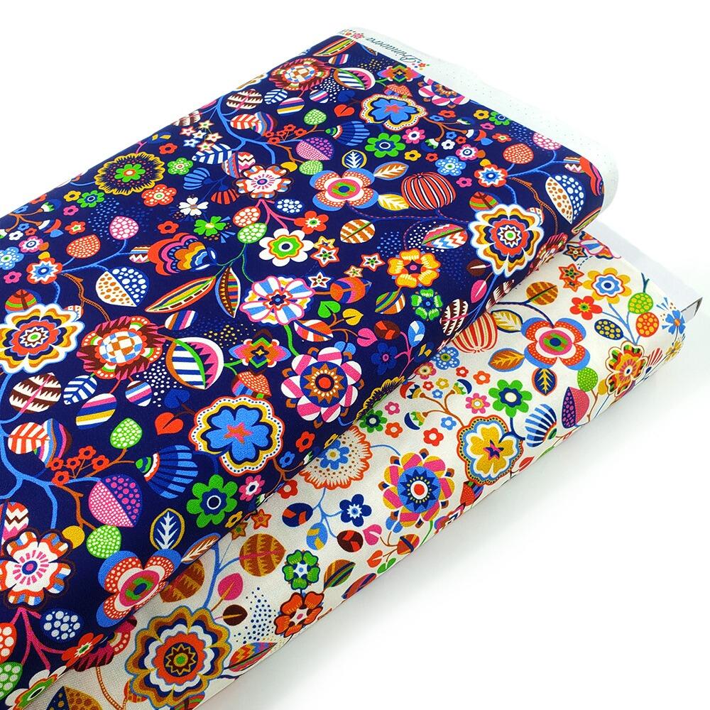 Primavera, Sholto Drumlanrig, pen & Ink fabric, tree flower, ecru, navy, colourful floral fabric
