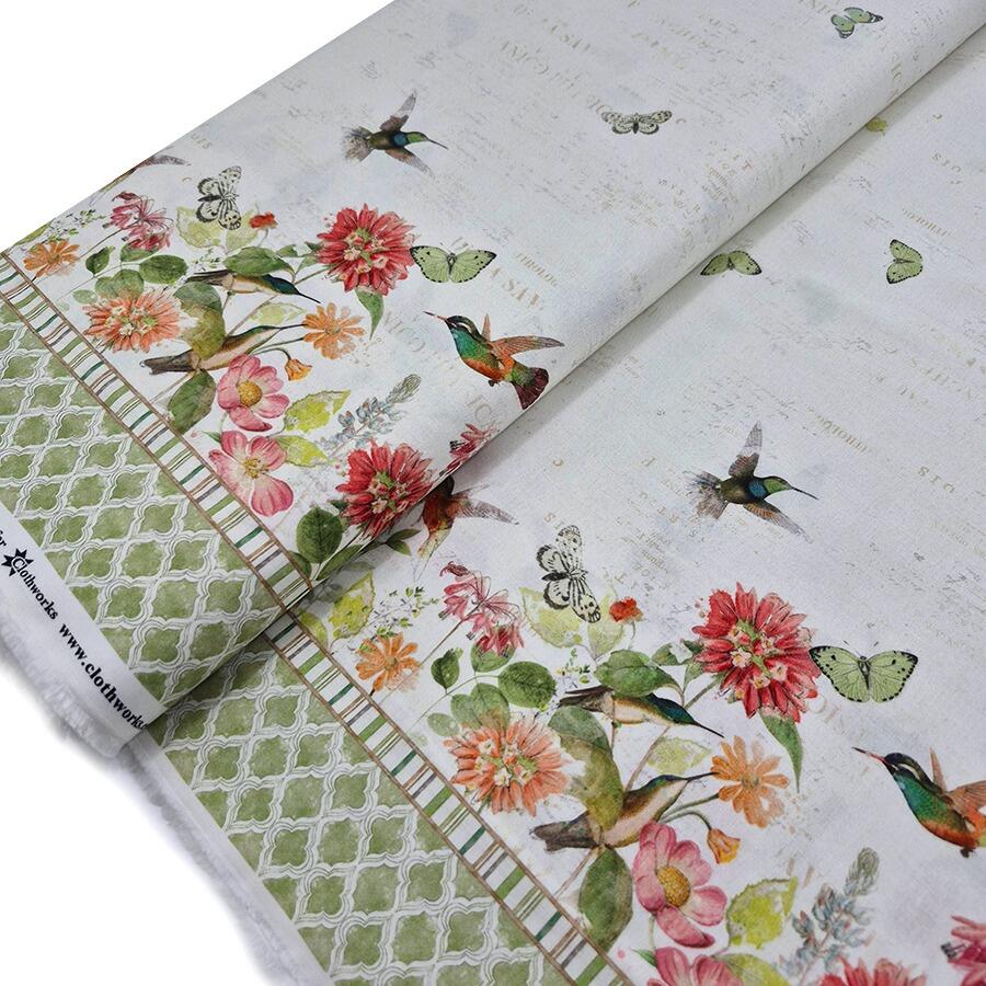 Katie Pertiet, hummingbird days, watercolour flowers, butterflies, hummingbirds 1005 cotton, placemats fabric, easy sew placemats
