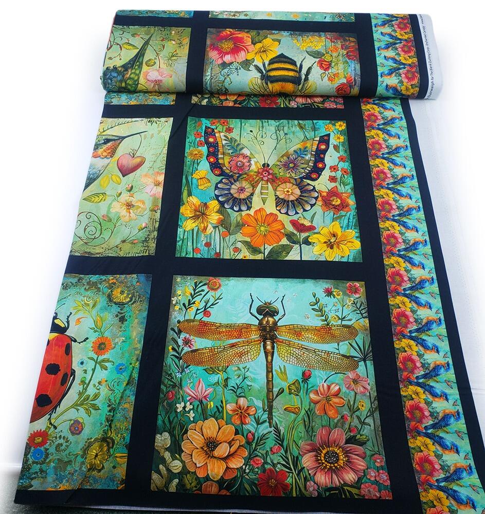 Enchanted Canopy Fabric, JK Stewart, Blank Quilting, ladybirds, butterflies, hummingbirds, vivid floral fabric