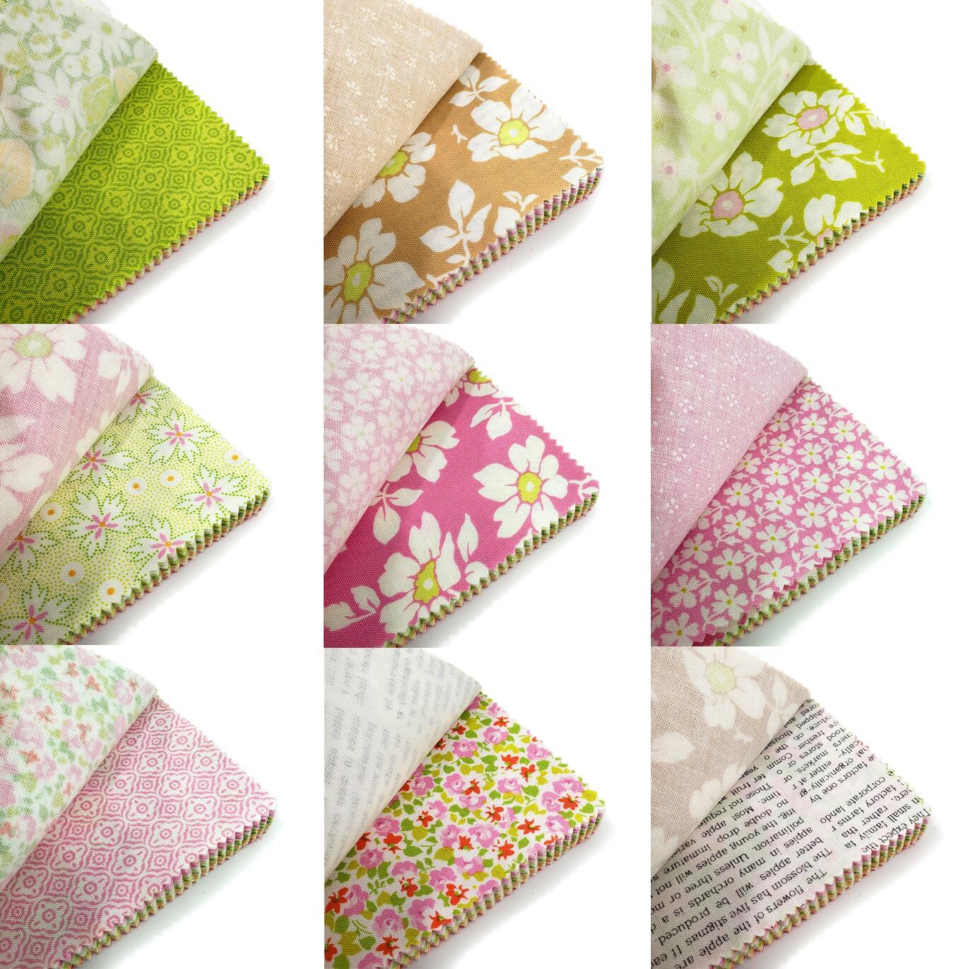 summers end, pastel charm pack, joanne figuera, fig tree fabric, moda charm pack fabric with text on, floral fabric squares
