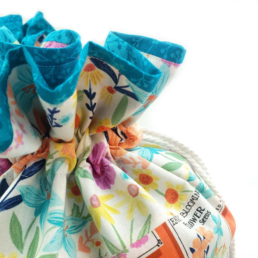 flowers drawstring bag, floral drawstring bag, seed packets fabric, floral fabric bag, patchwork floral bag