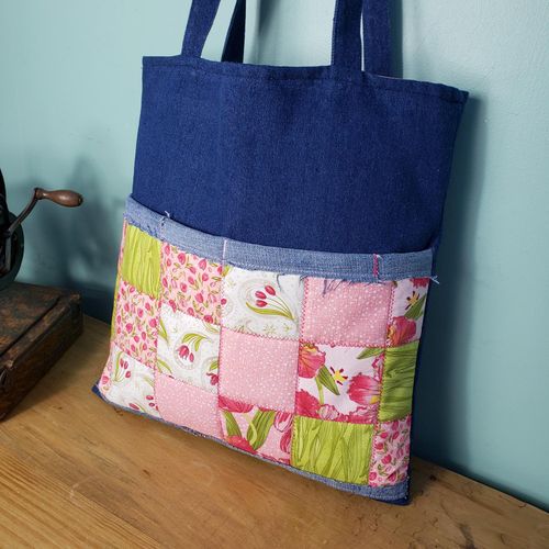 upcycled denim,remade,tote bag,teen,school,floral, boho,tulips,peach,grass,recycle,sustainable