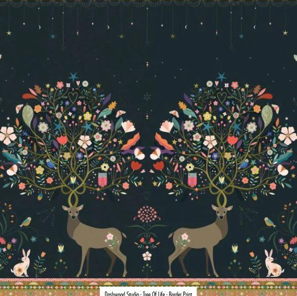 Dashwood,tree of life,stag,antlers,panel,birds,flowers,large,quilt,dress,gold,black,cotton