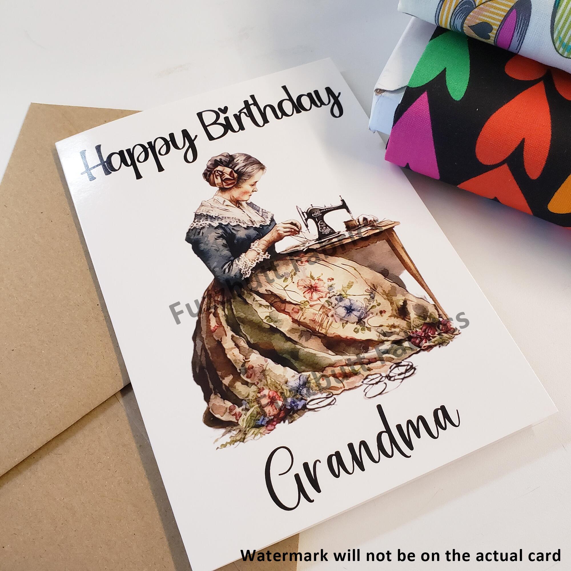 sewing themed greetings card, grandma, vintage sewing machine, uk, fabrics, quilting, sewing, personalised