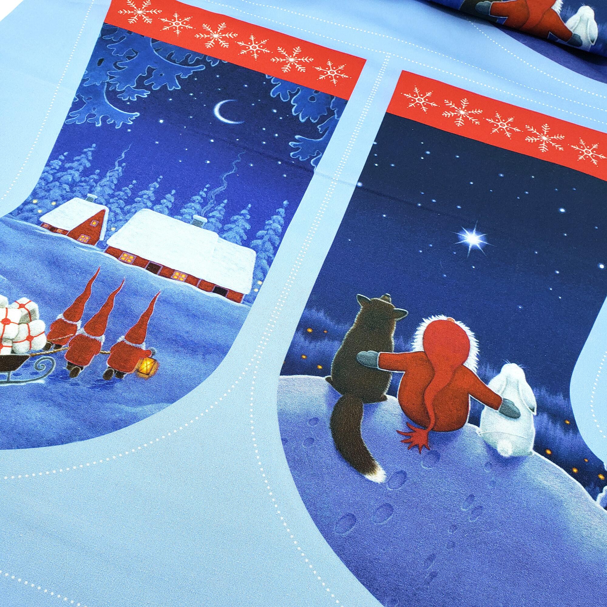 lewis and irene,christmas stocking panel, gnome,cotton stocking panel,tomten,snowy
