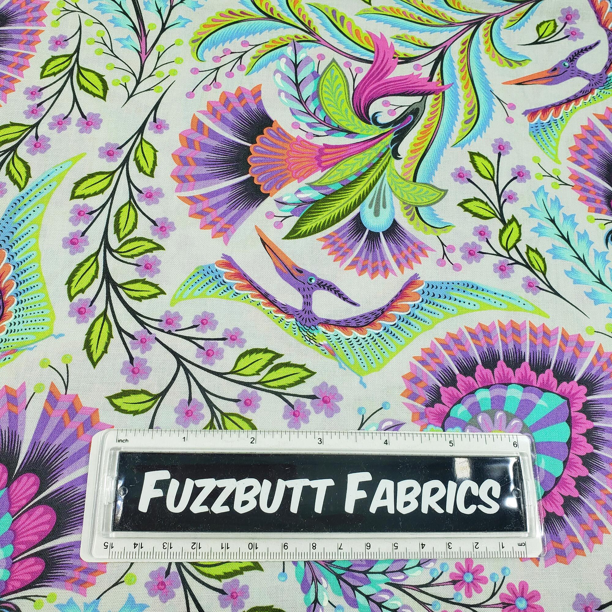 tula pink, flowers,dinosaurs,t-rex,jurassic park, dino fabric, pink,green,neon,crazy fabric,freespirit,mist