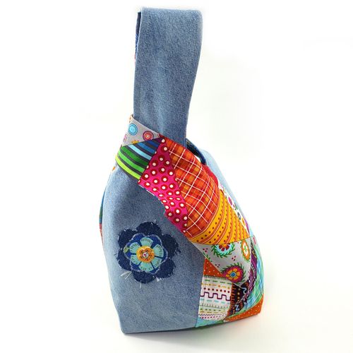upcycled denim bag, knot bag,japanese,old jeans,recycled jeans,crochet bag,wrist bag