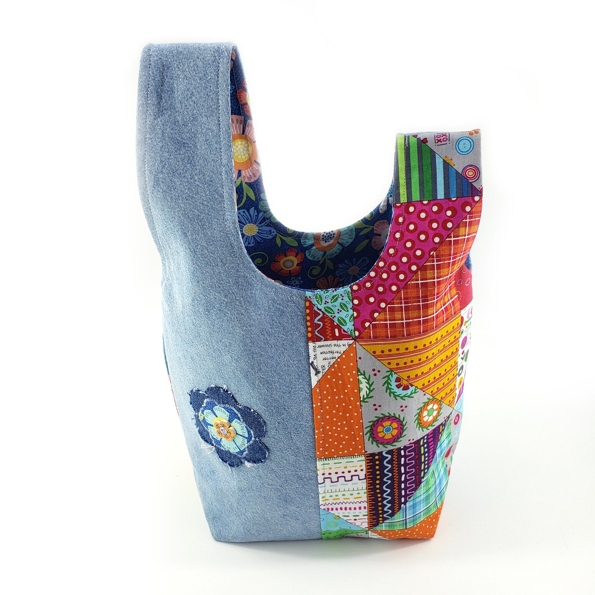 upcycled denim bag, knot bag,japanese,old jeans,recycled jeans,crochet bag,wrist bag